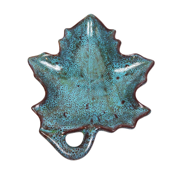 Studio Art Pottery Leaf Trinket Dish Glazed Ceramic 10" Green Brown Signed Dukes - Picture 1 of 8
